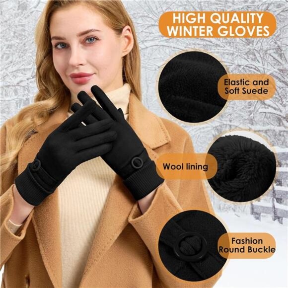 Women's Winter Gloves Thermal Warm Fleece Lined Touchscreen Gloves - Picture 2 of 6